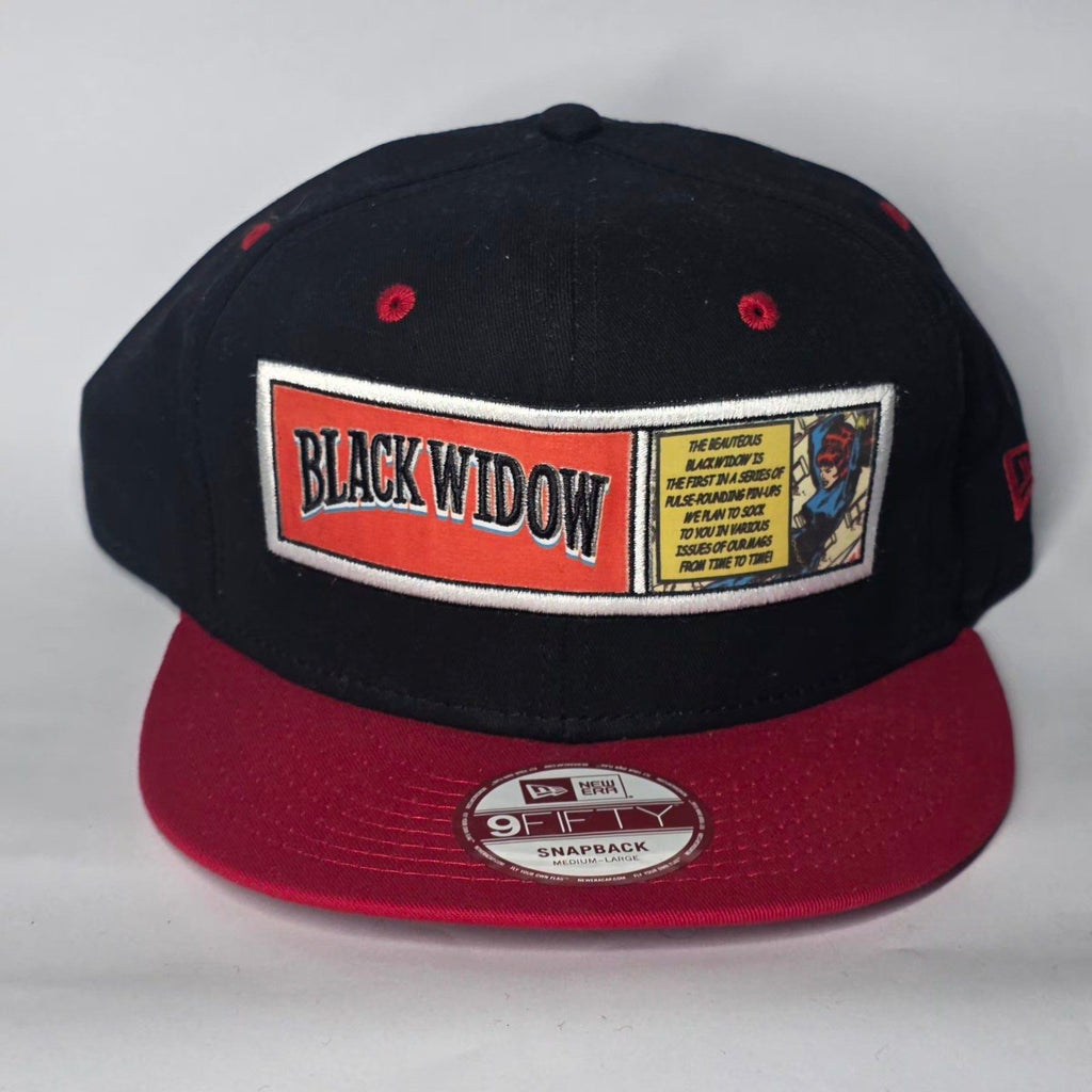 New Era black and red snapback cap with Black Widow patch and Marvel logo.