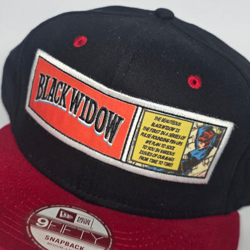 New Era black and red snapback cap with Black Widow patch and Marvel logo.